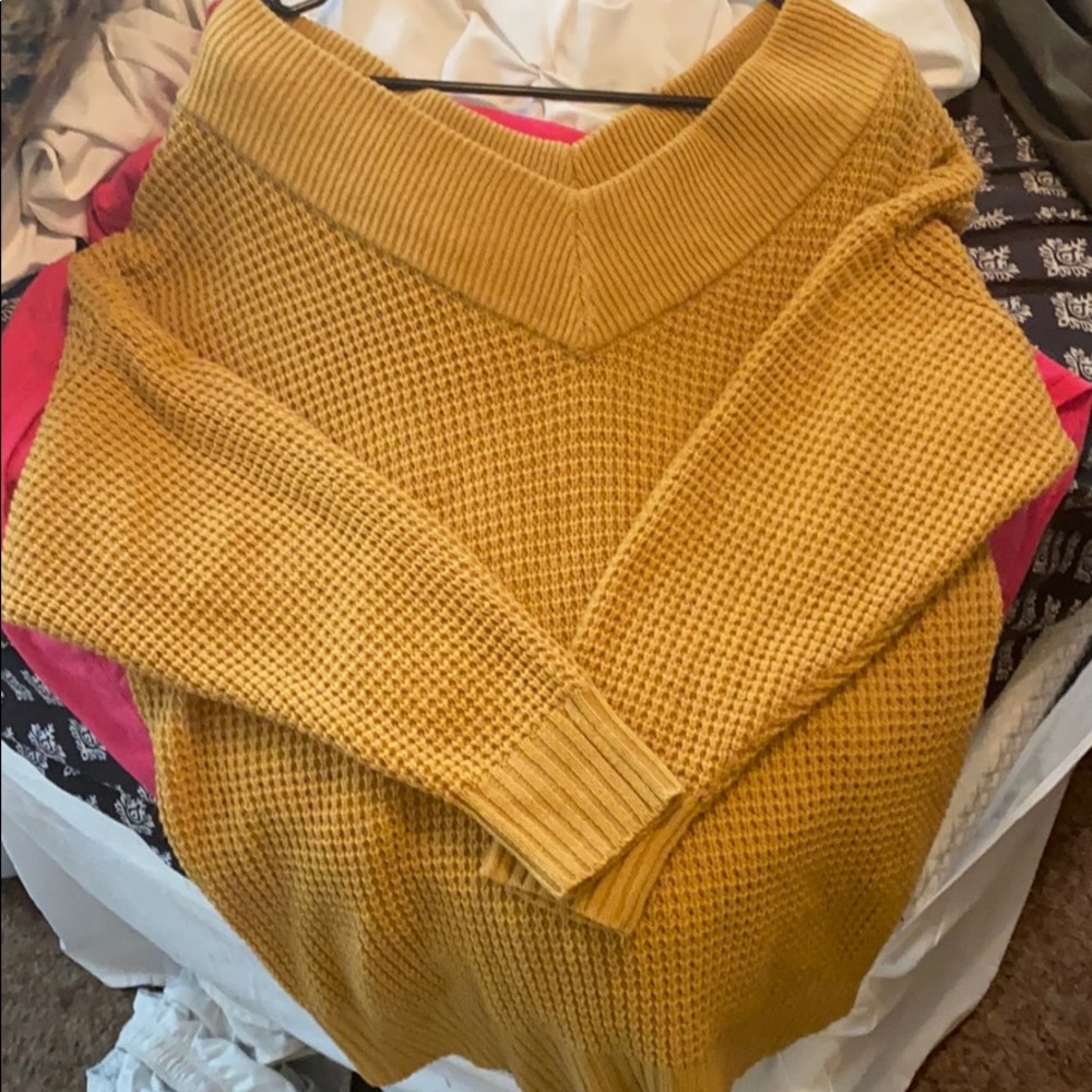 Brand New Off the Shoulder V-Neck Mustard Sweater